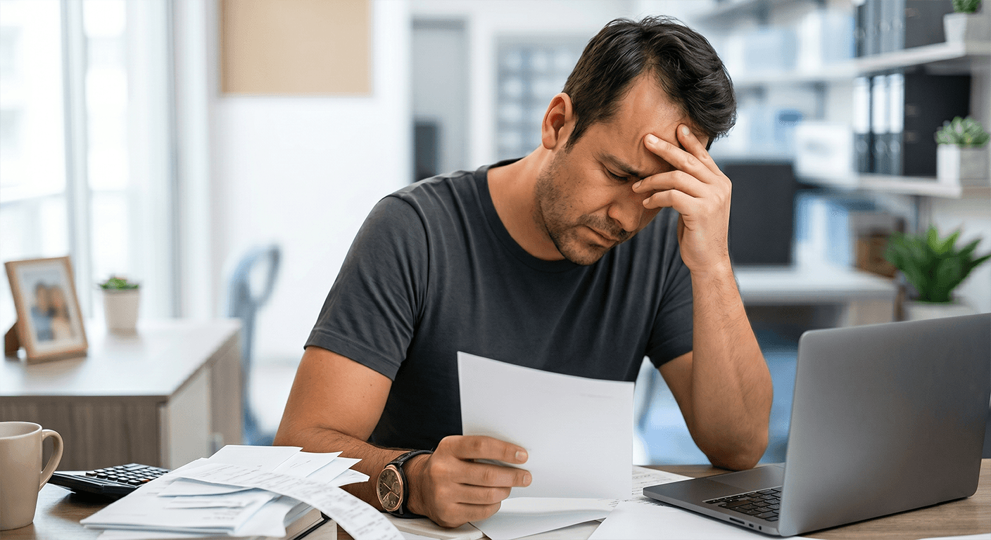 Emprendedor preocupado revisando documentos