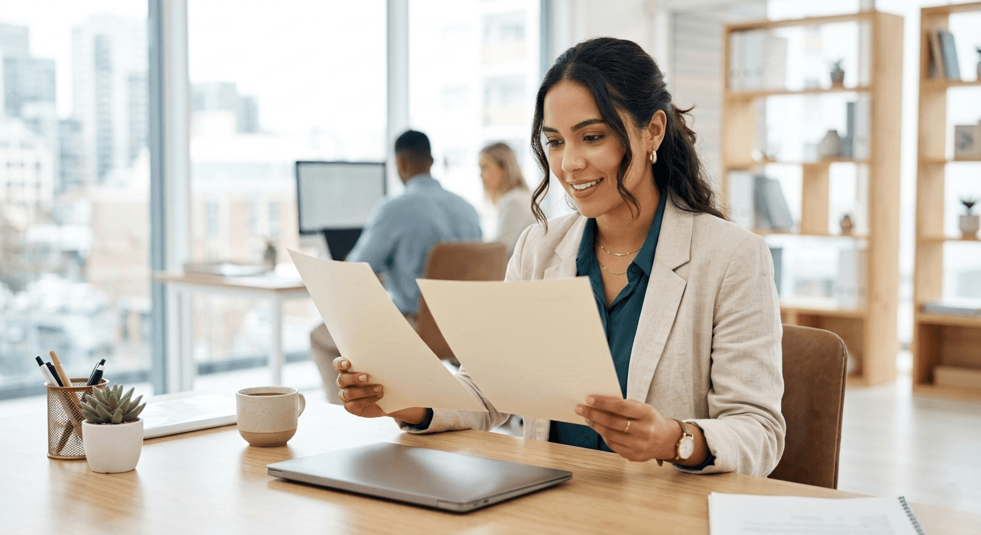 Emprendedora revisando documentos en su oficina
